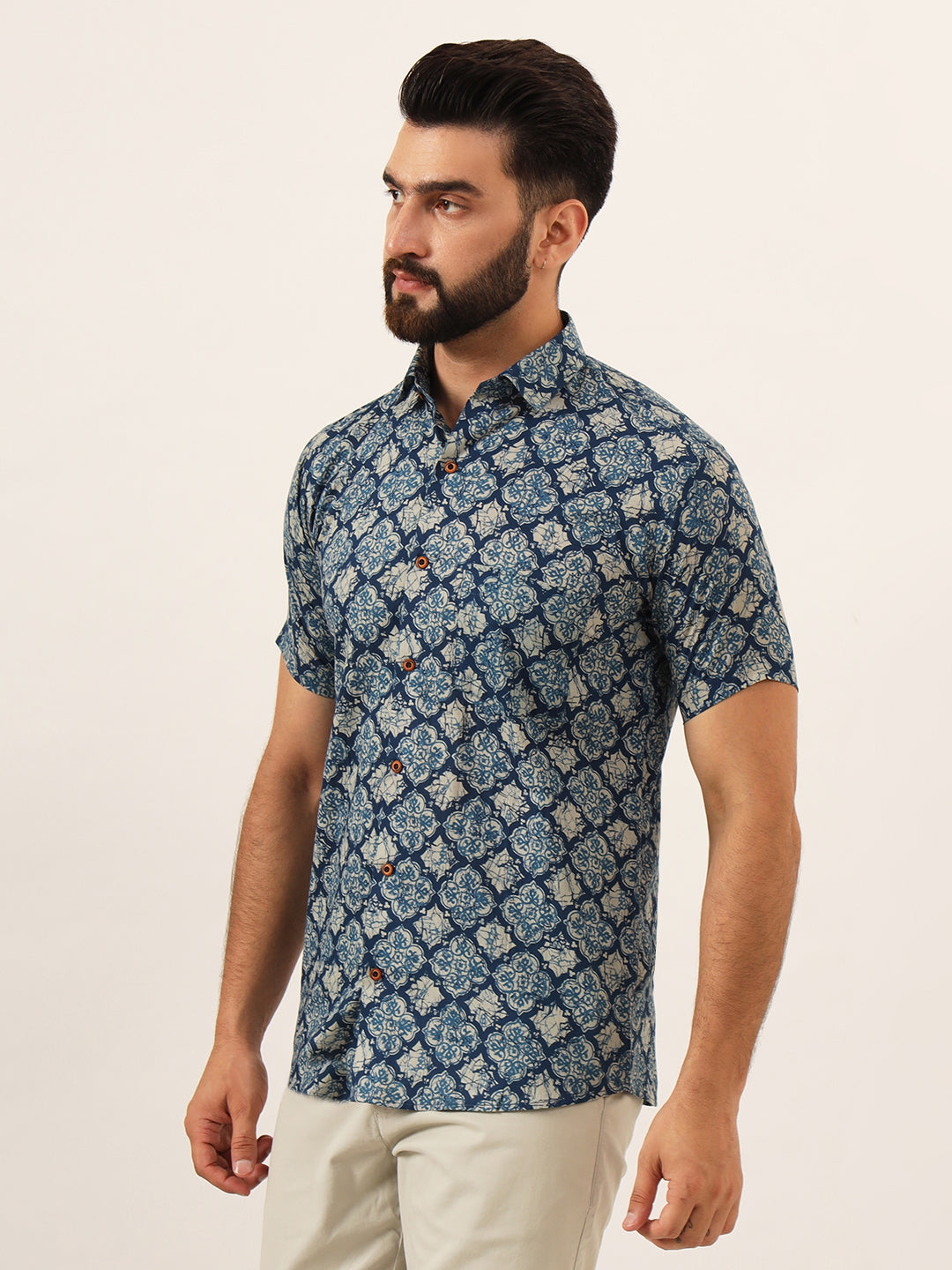 MEN Blue Geometric Pure Cotton Regular Fit Casual Half Sleeve