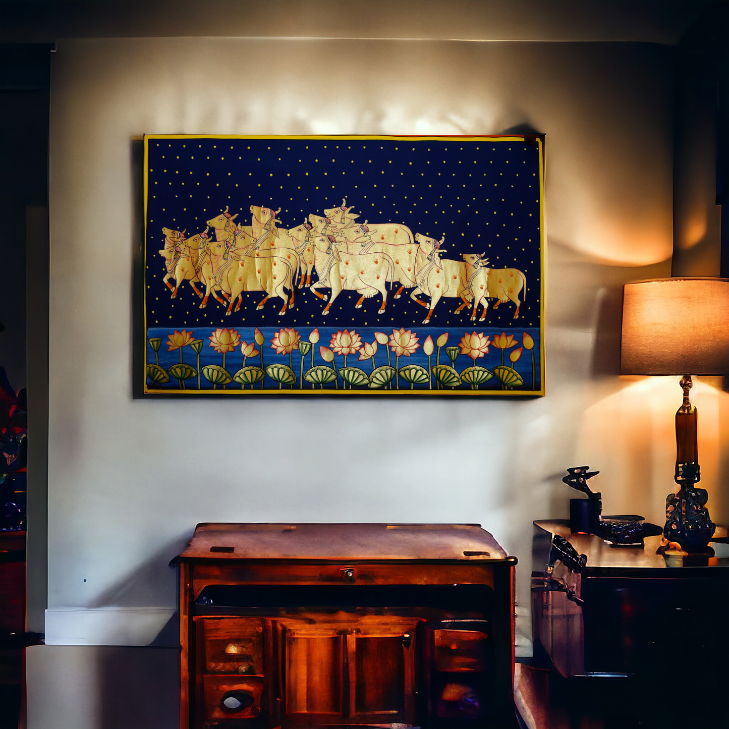 Golden Cow & Lotus Wall Traditional Pichwai Painting