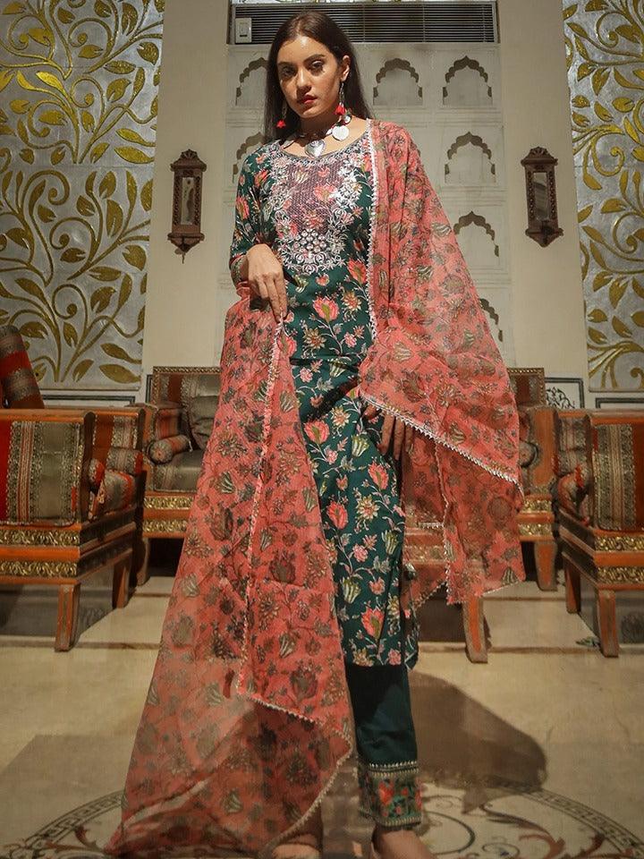Jamal Jamaloo Green Floral Printed Kurta Pant Set with Dupatta - Jamal Jamalooworld.com