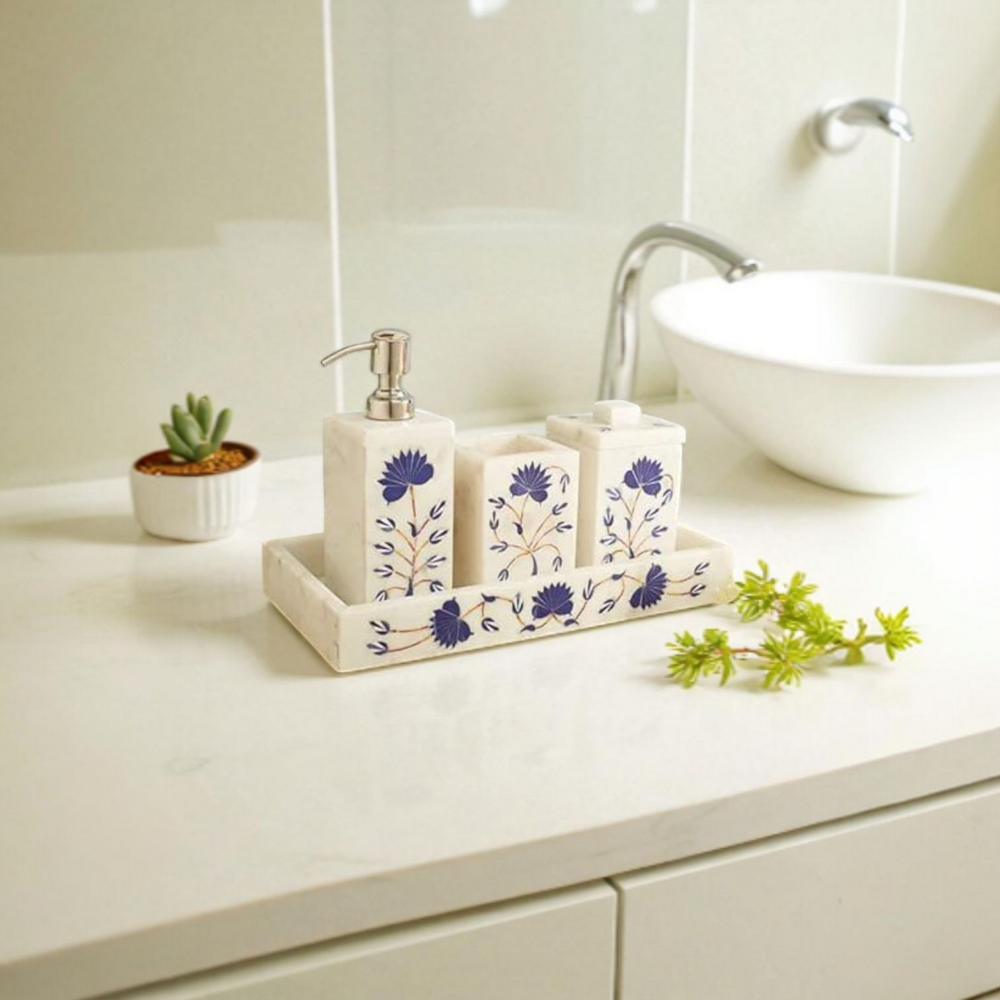 Blue Floral Inlay Marble Bathroom Dispenser Set