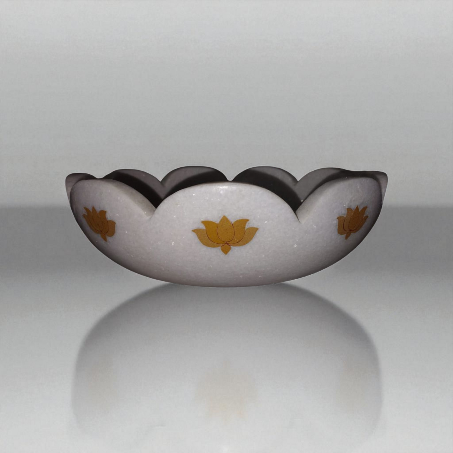 White Marble Scalloped Basin with Lotus Inlay Design