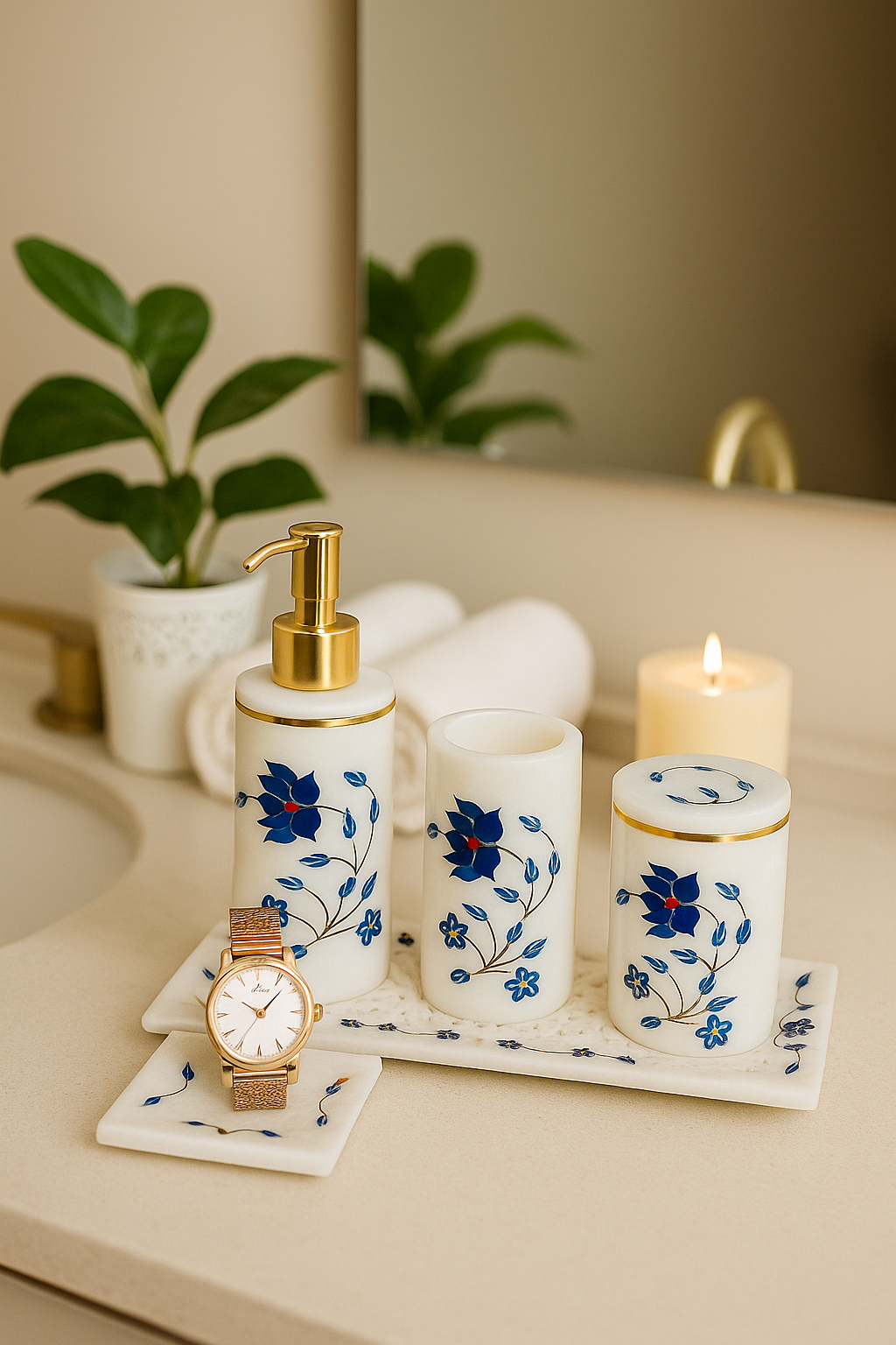 Classic Floral White & Blue Marble Vanity Set