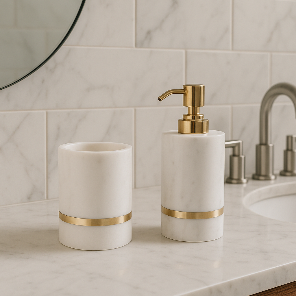Elegant White Marble Soap Dispenser & Tumbler Set with Gold Band