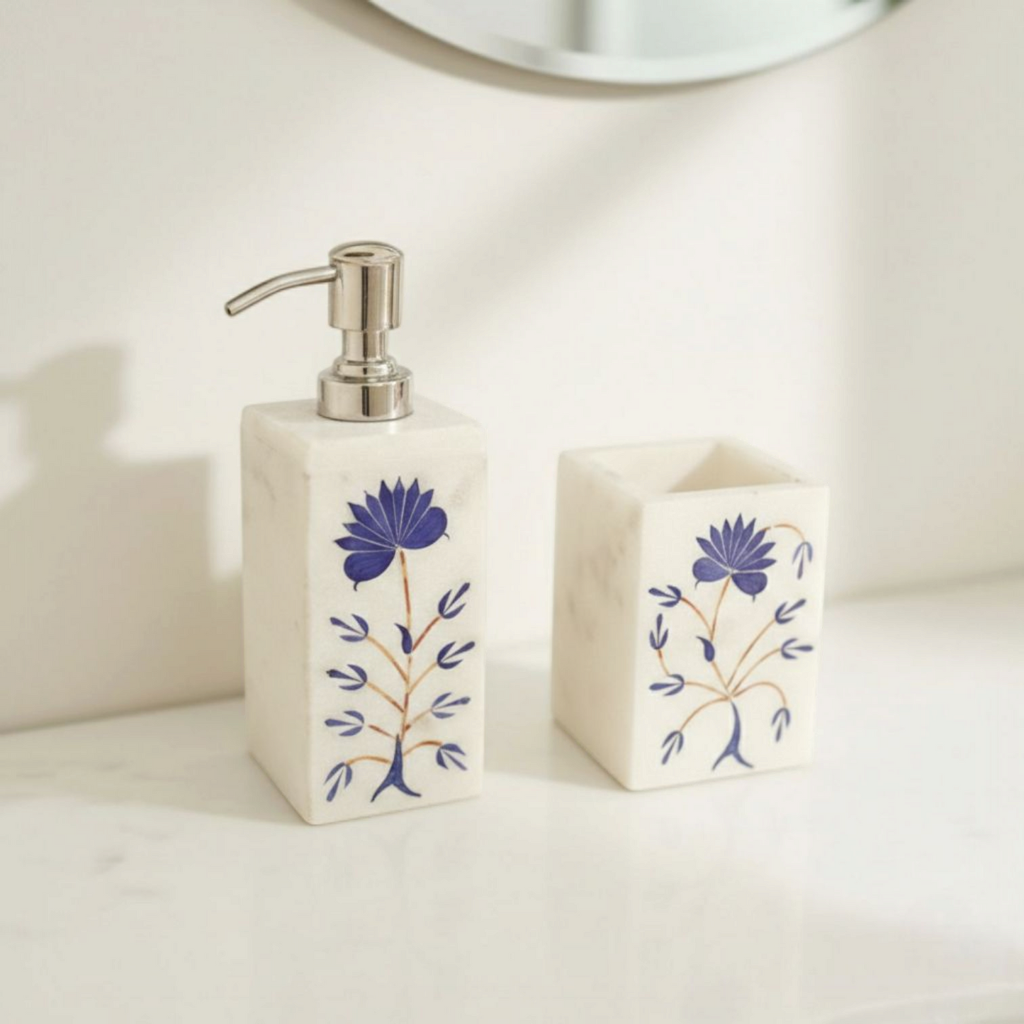 Blue Floral Inlay Marble Bathroom Dispenser Set