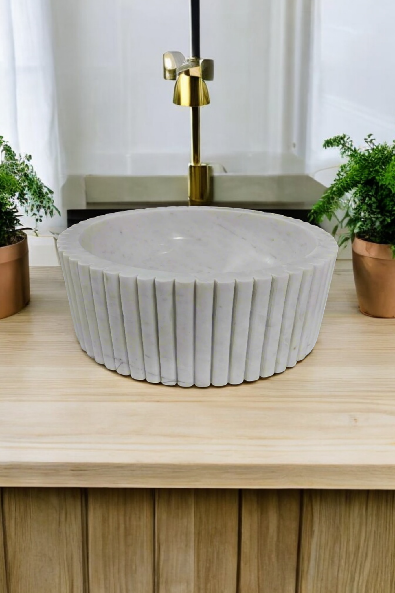 Fluted White Marble Round Basin