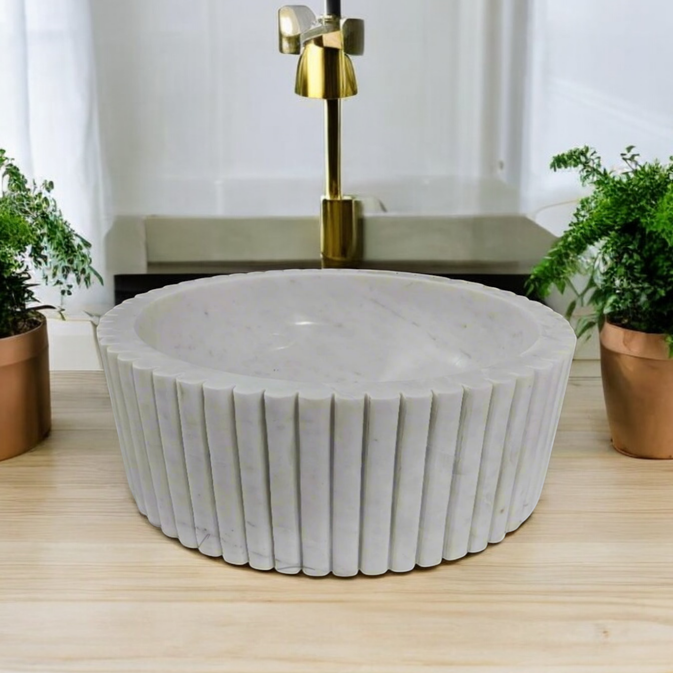 Fluted White Marble Round Basin