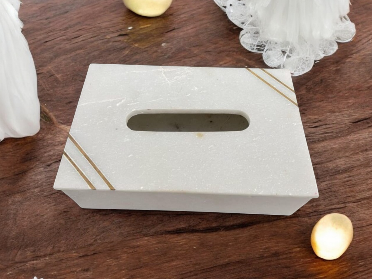 White Marble Tissue Box Holder with Gold Inlay
