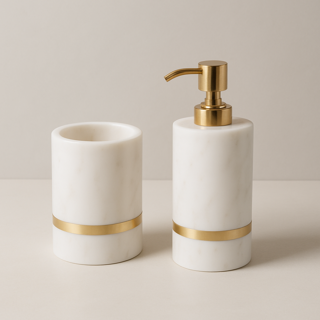 Elegant White Marble Soap Dispenser & Tumbler Set with Gold Band