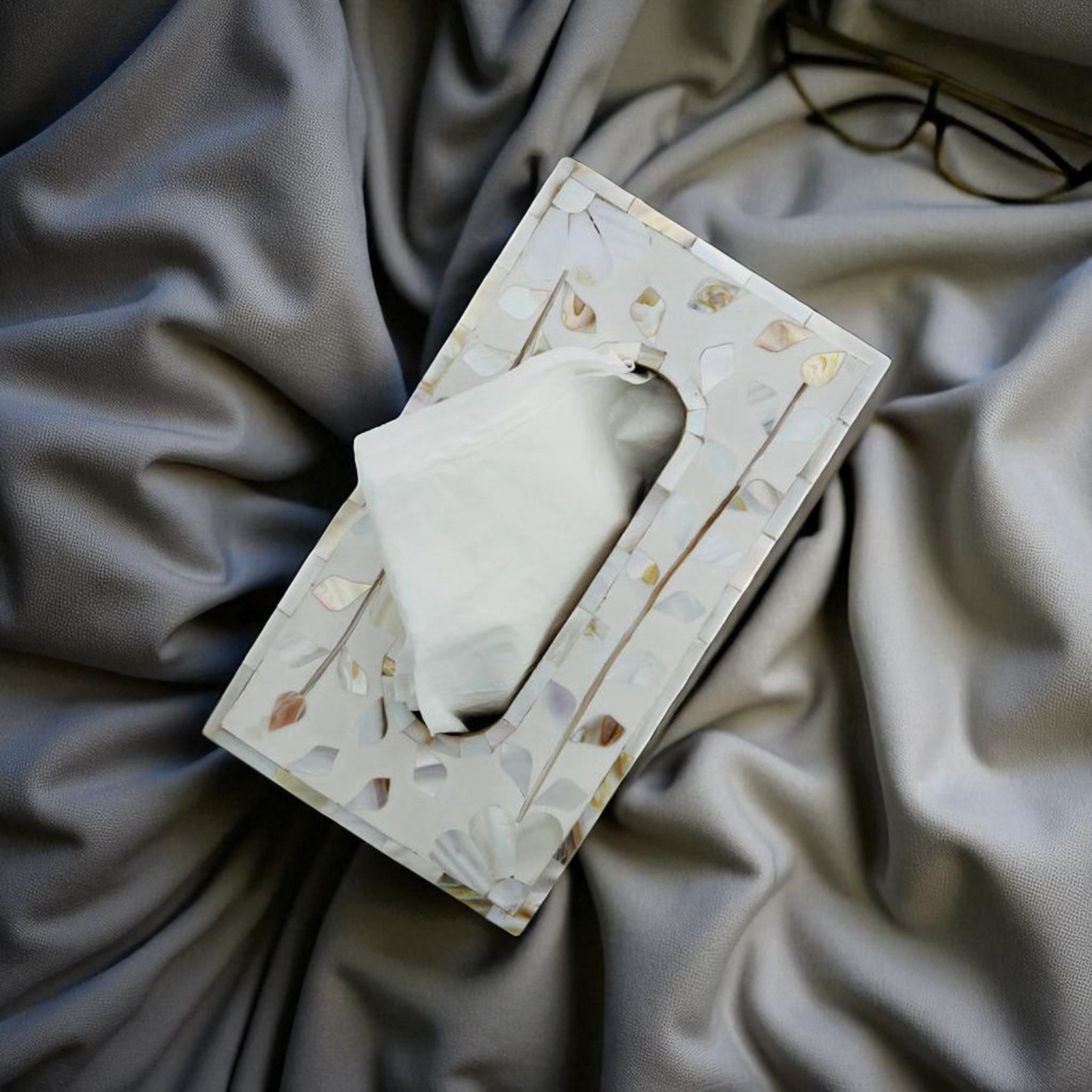 Elora White & Golden Glow Mother of Pearl Inlay Tissue Box