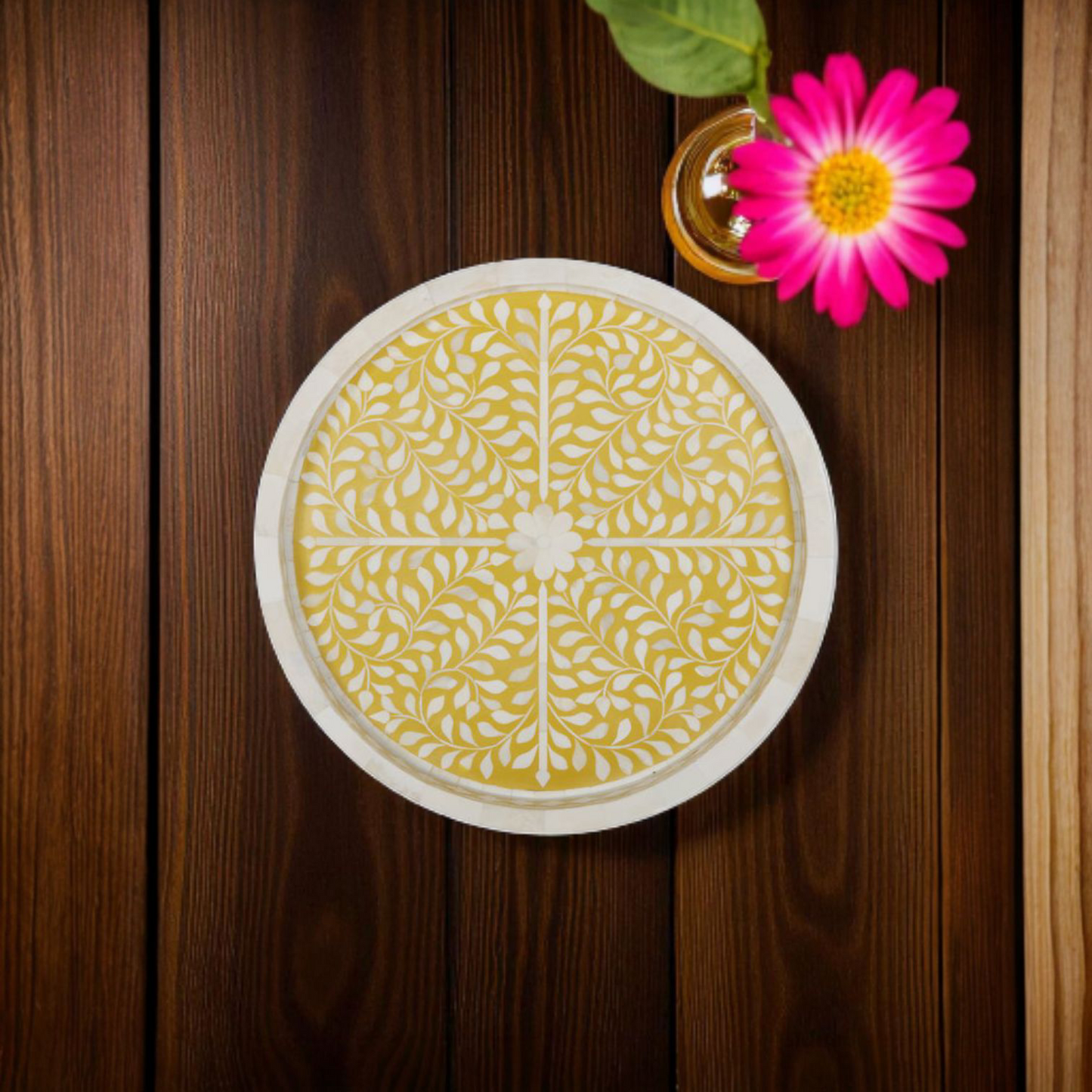 Yellow Wooden Mother of Pearl Tray