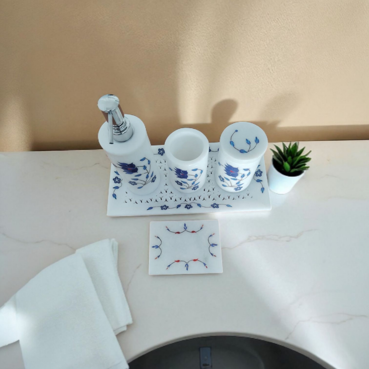 Classic Floral White & Blue Marble Vanity Set