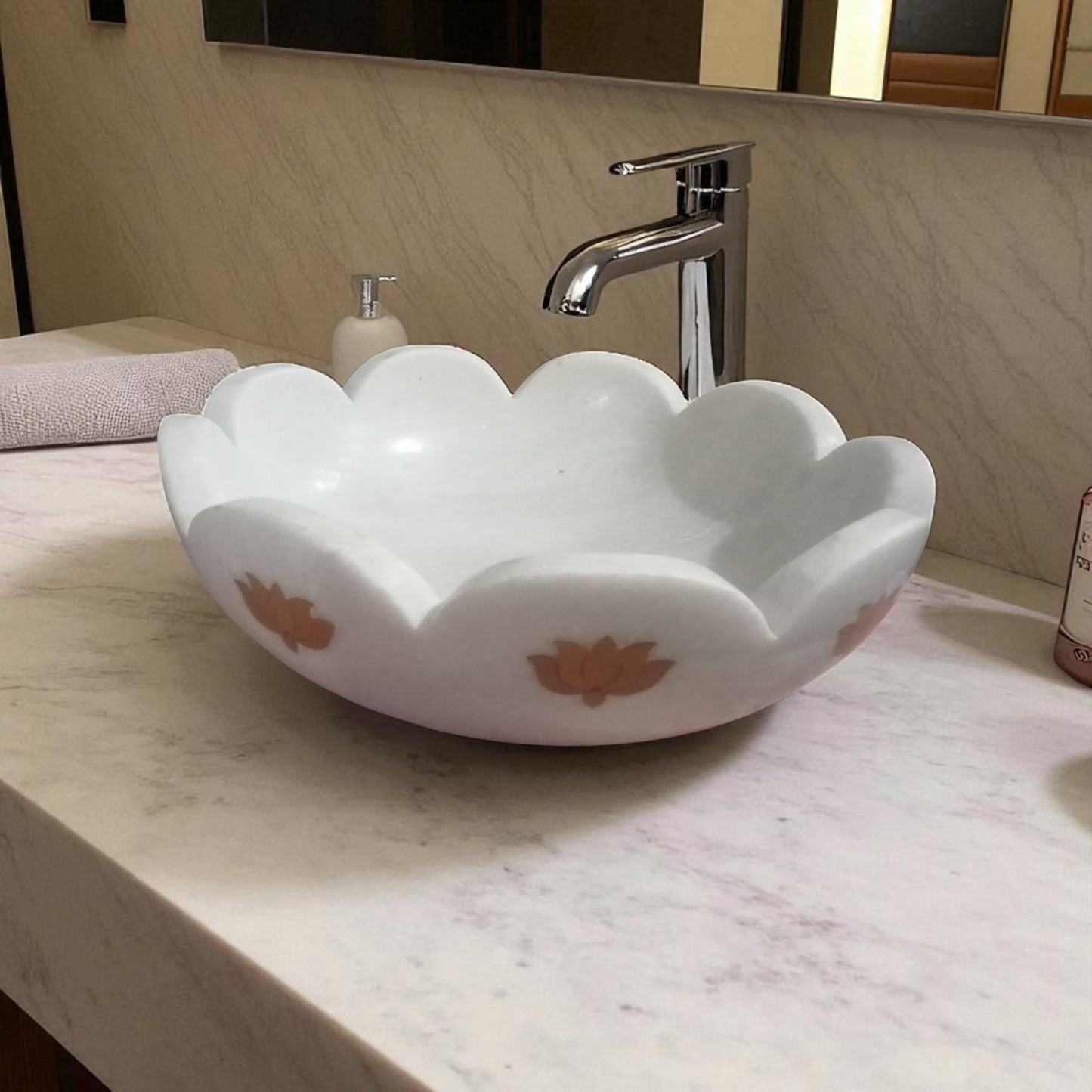 White Marble Scalloped Basin with Lotus Inlay Design