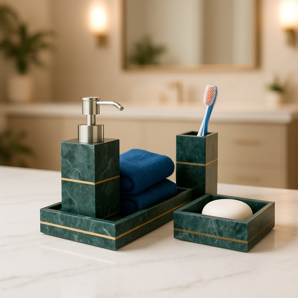 Luxe Green Marble Bathroom Accessory Set