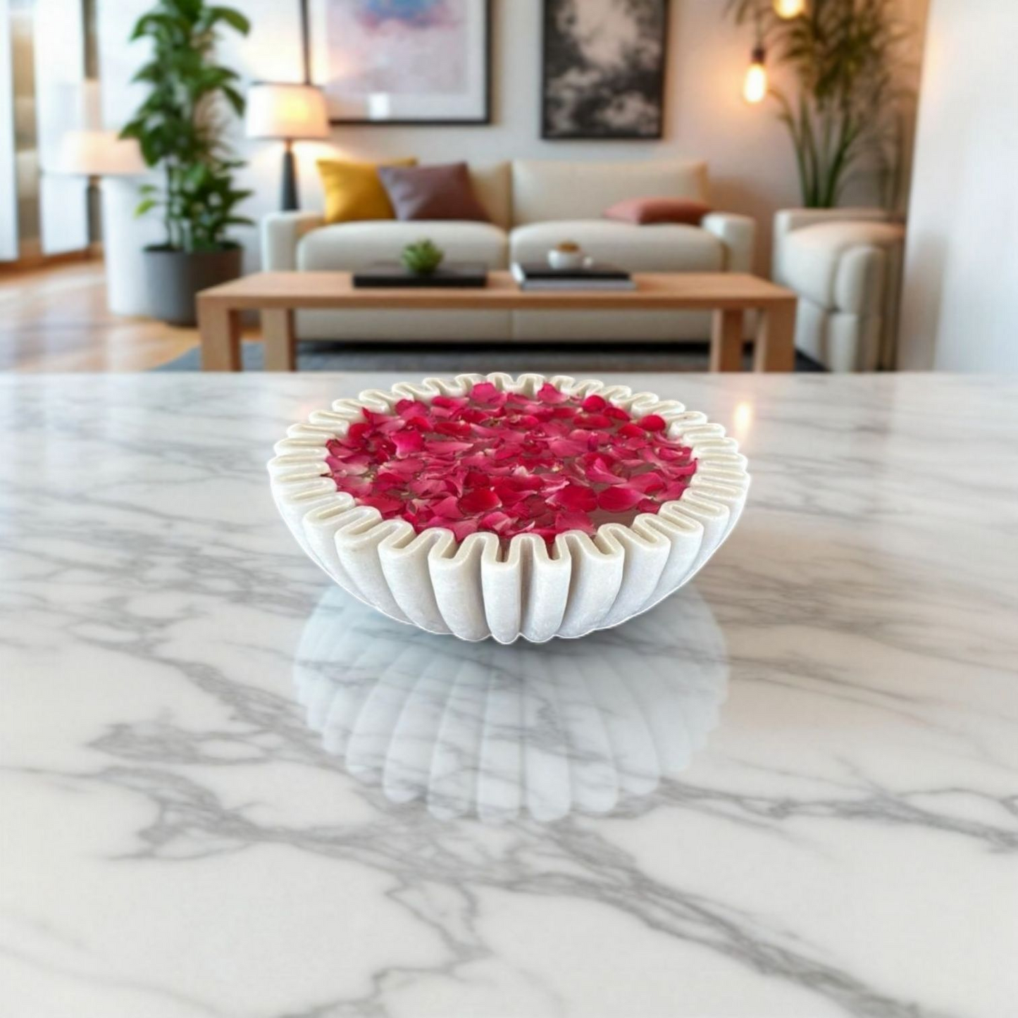 White Round Ruffle Marble Scalloped Bowl