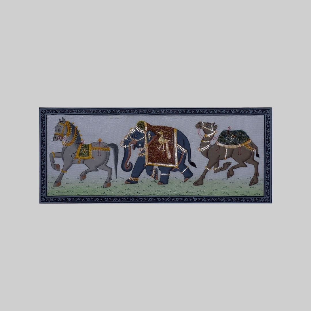 Decorated Elephant, Camel And Horse  Miniature Painting 100