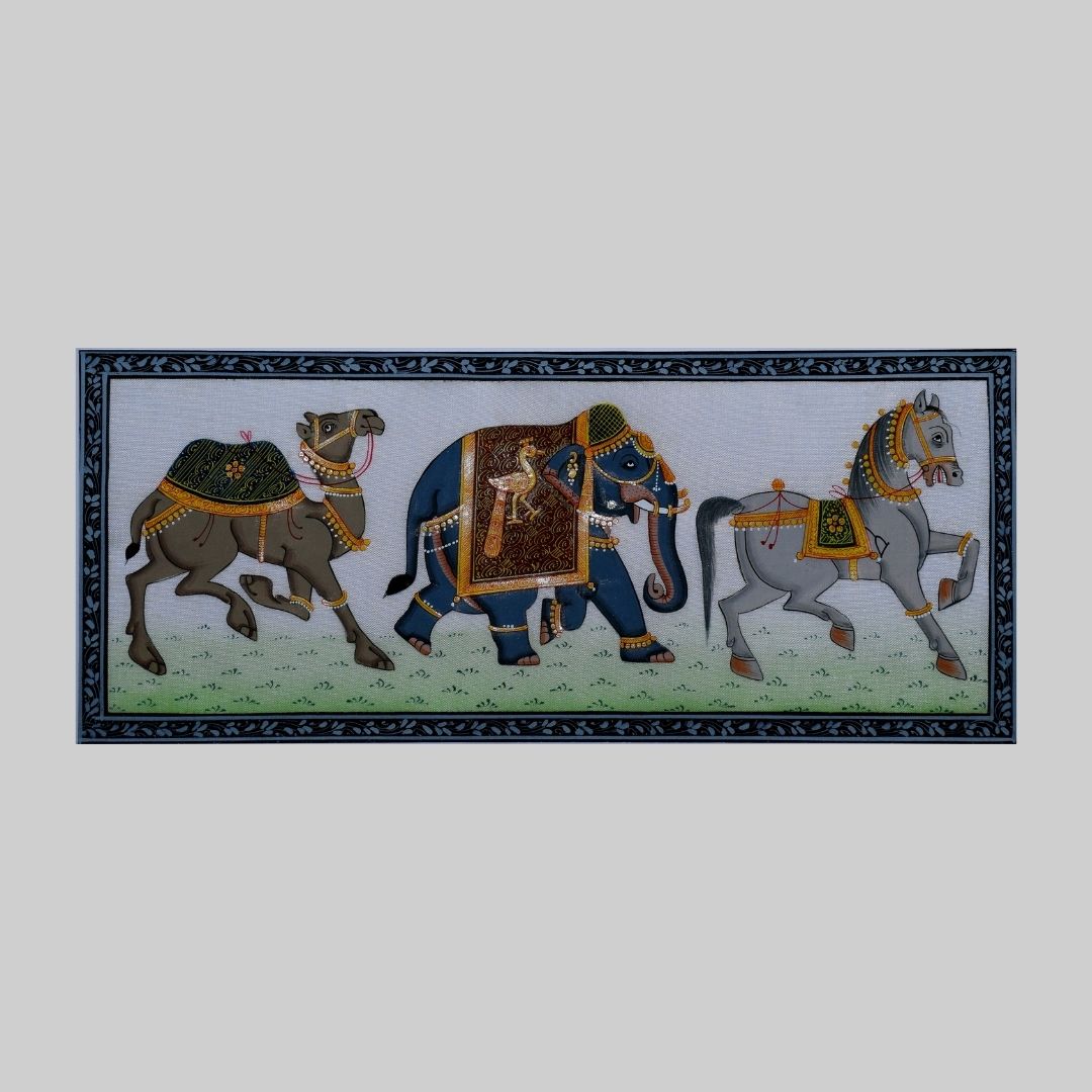 Handmade Royal Miniature Wall Painting of Camel , Elephant and Horse 109