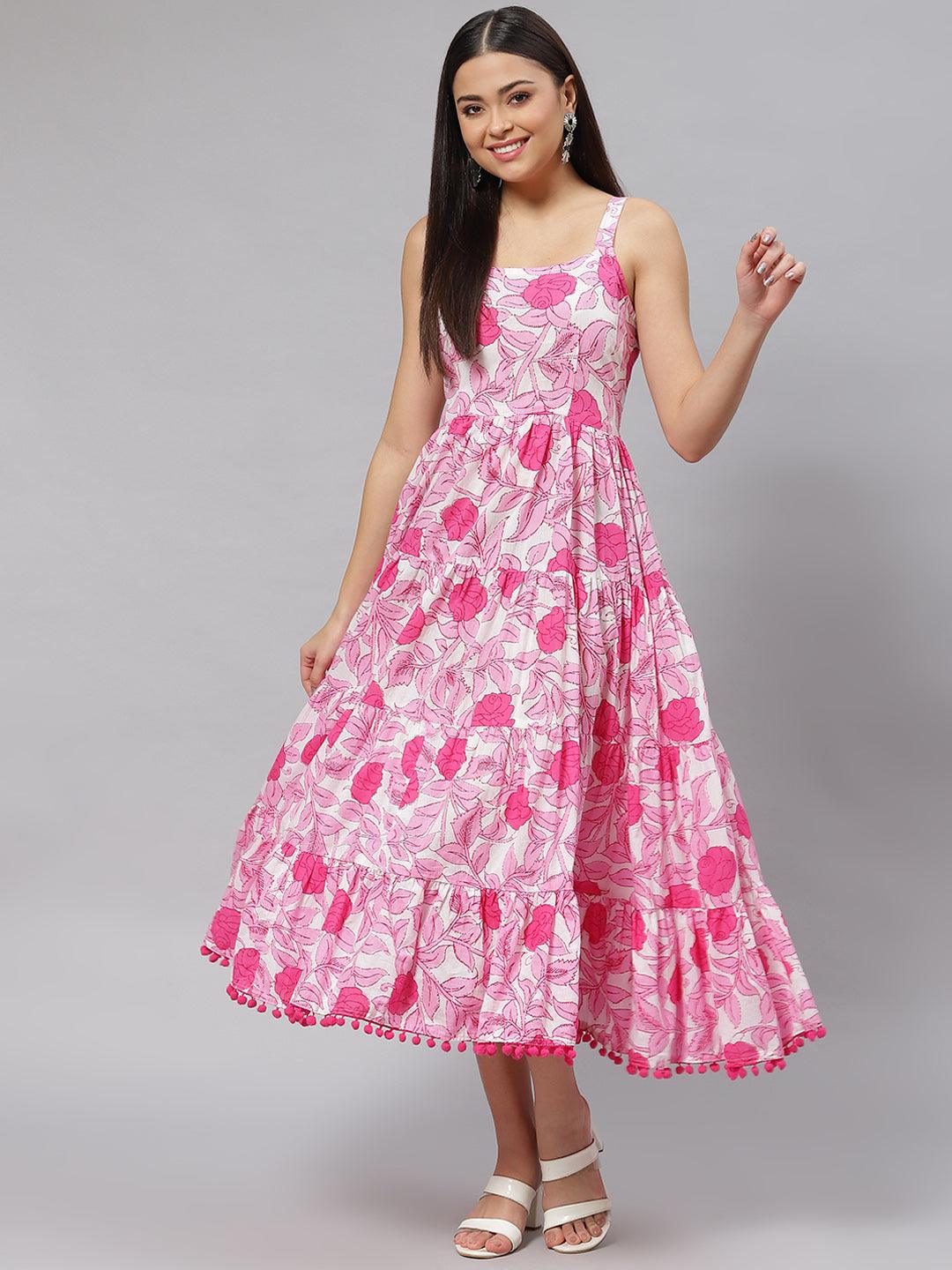 Jamal Jamaloo white & Pink Floral Shoulder Strip Long Dress - Jamal Jamaloo