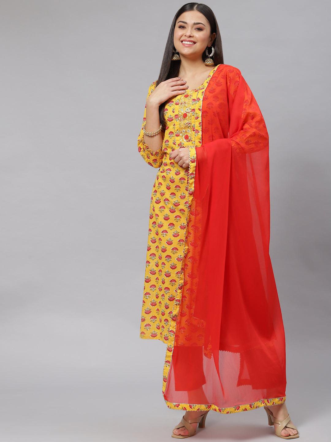 Jamal Jamaloo Yellow Floral Cotton Kurta Pant Set with Dupatta - Jamal Jamaloo