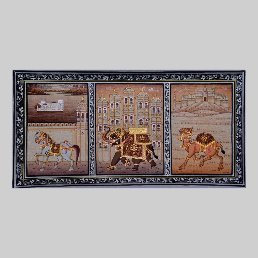 Three Cities of Rajasthan Night Scene Original Indian Handmade Miniature Painting 22