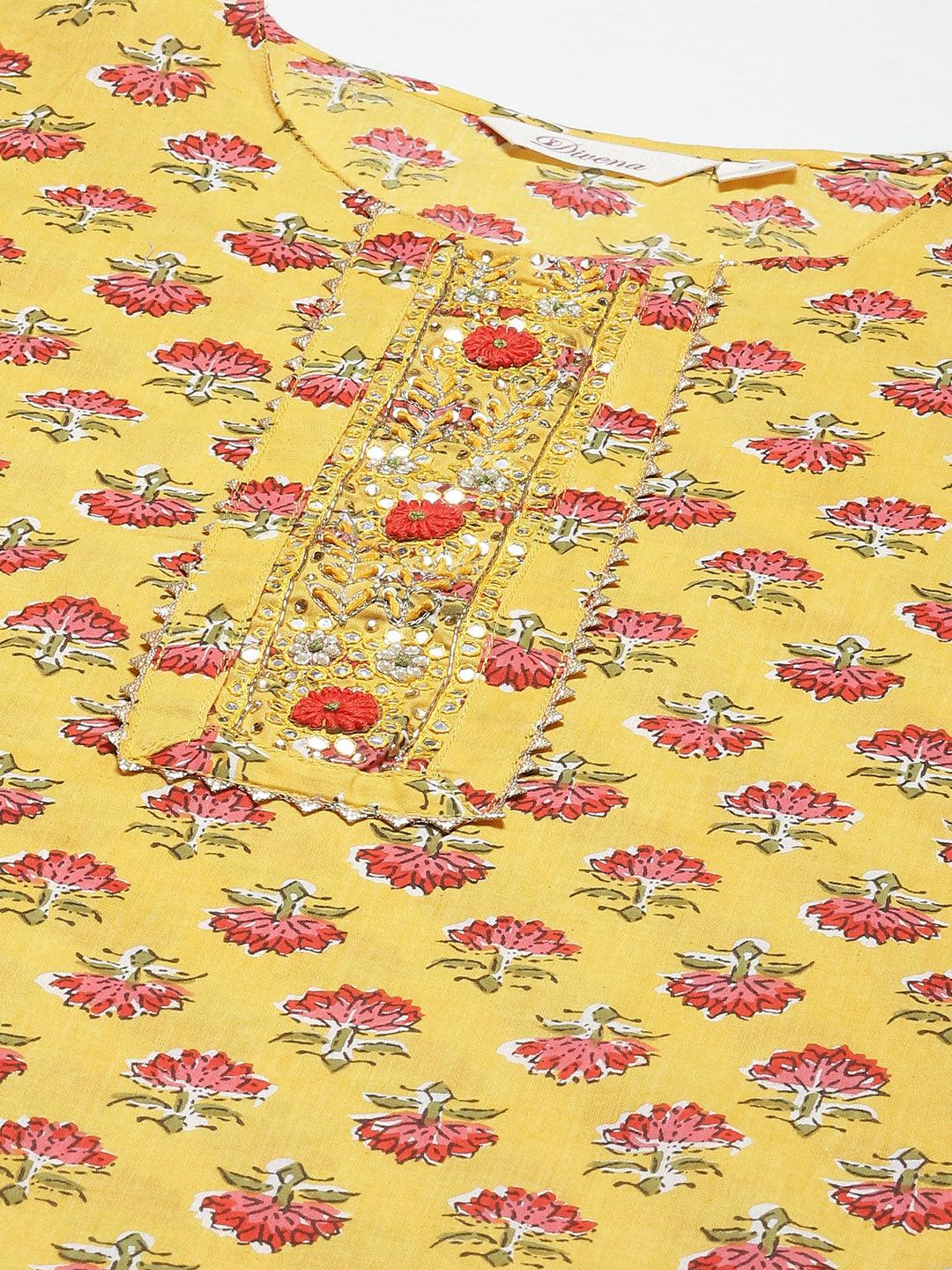Jamal Jamaloo Yellow Floral Cotton Kurta Pant Set with Dupatta - Jamal Jamaloo