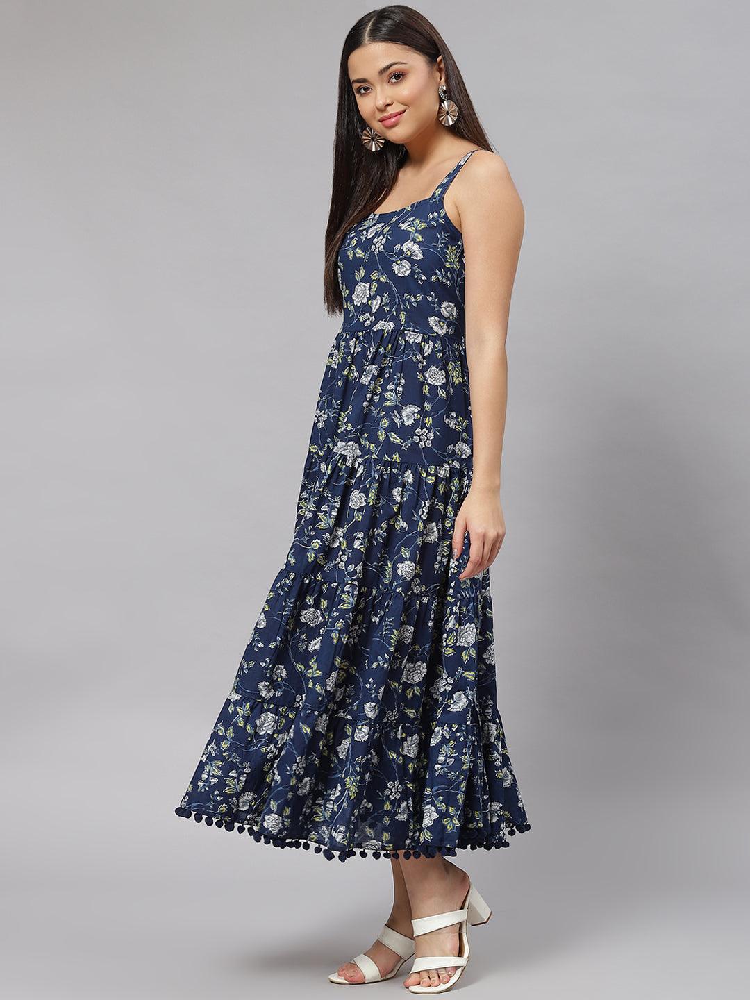 Jamal Jamaloo Blue Floral Shoulder Strip Long Dress - Jamal Jamaloo