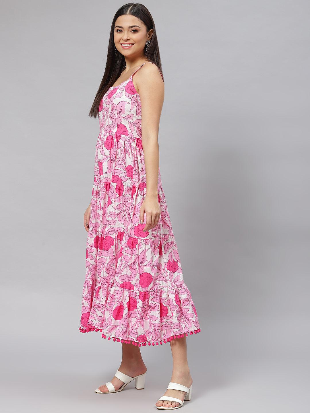 Jamal Jamaloo white & Pink Floral Shoulder Strip Long Dress - Jamal Jamaloo