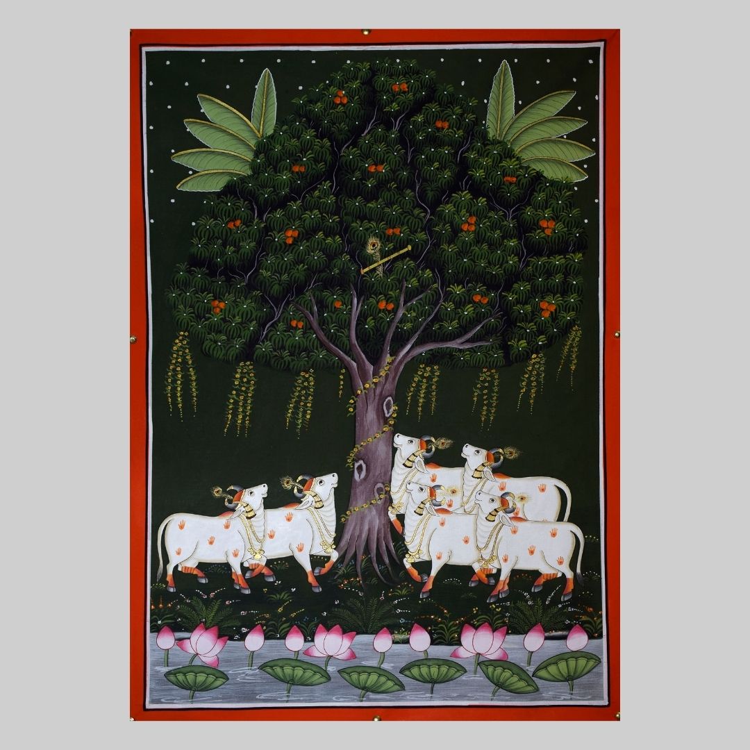 Ashwatha Tree with  Five Cows Pichwai Painting