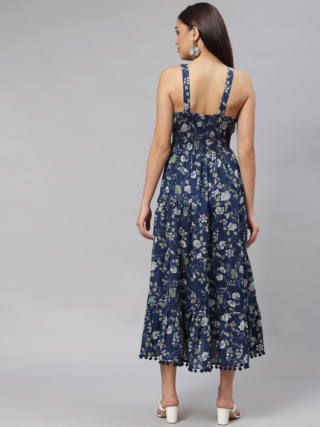 Jamal Jamaloo Blue Floral Shoulder Strip Long Dress - Jamal Jamaloo