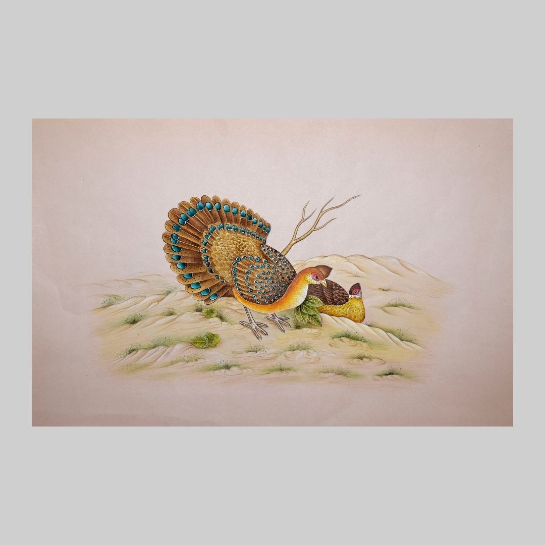 Peacock pair amid landscape in Mughal miniature Painting 58