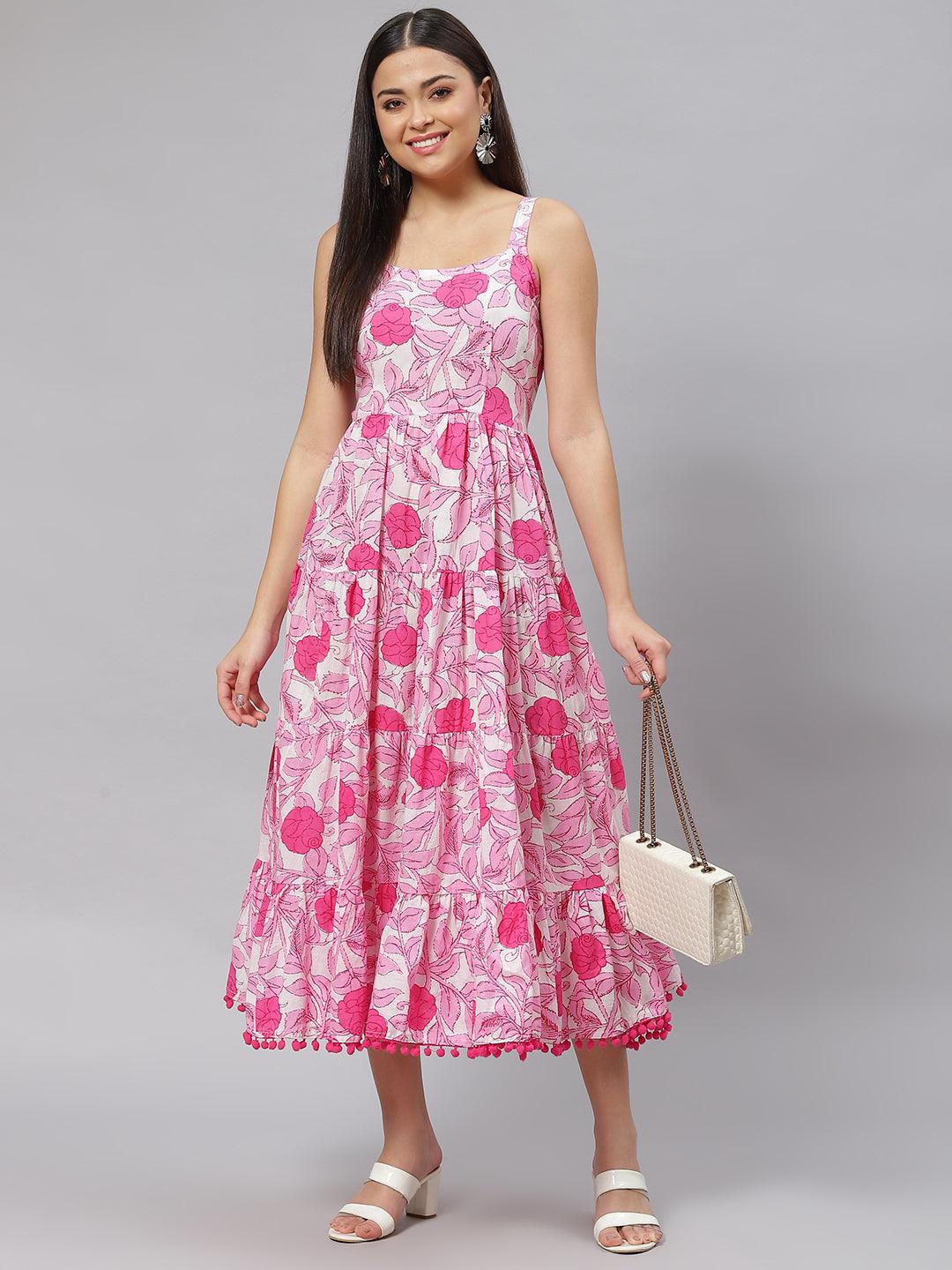 Jamal Jamaloo white & Pink Floral Shoulder Strip Long Dress - Jamal Jamaloo