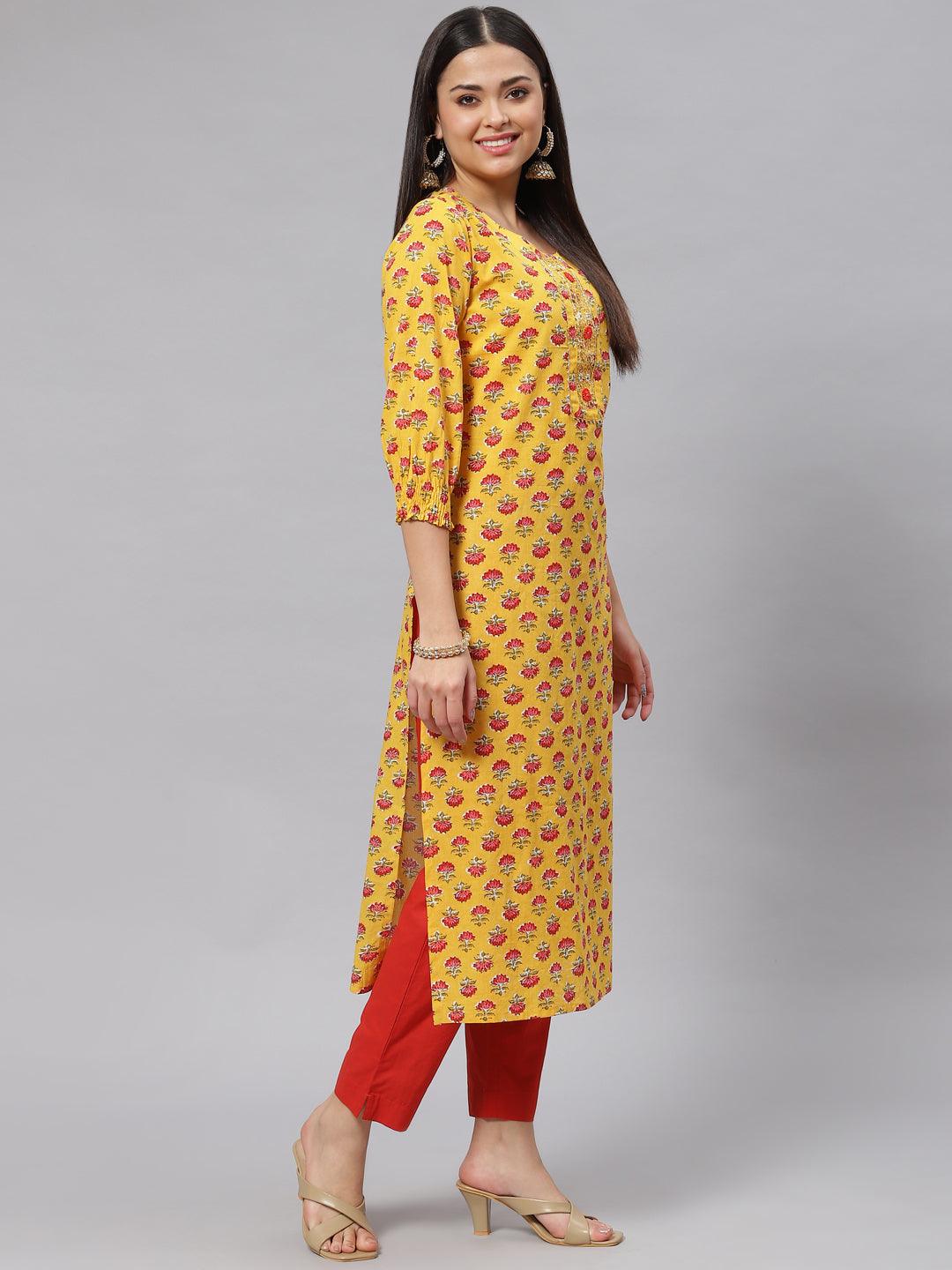 Jamal Jamaloo Yellow Floral Cotton Kurta Pant Set with Dupatta - Jamal Jamaloo