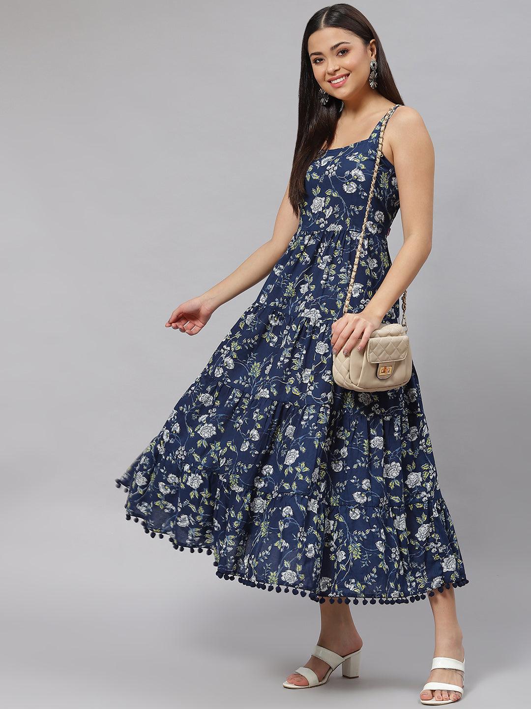 Jamal Jamaloo Blue Floral Shoulder Strip Long Dress - Jamal Jamaloo