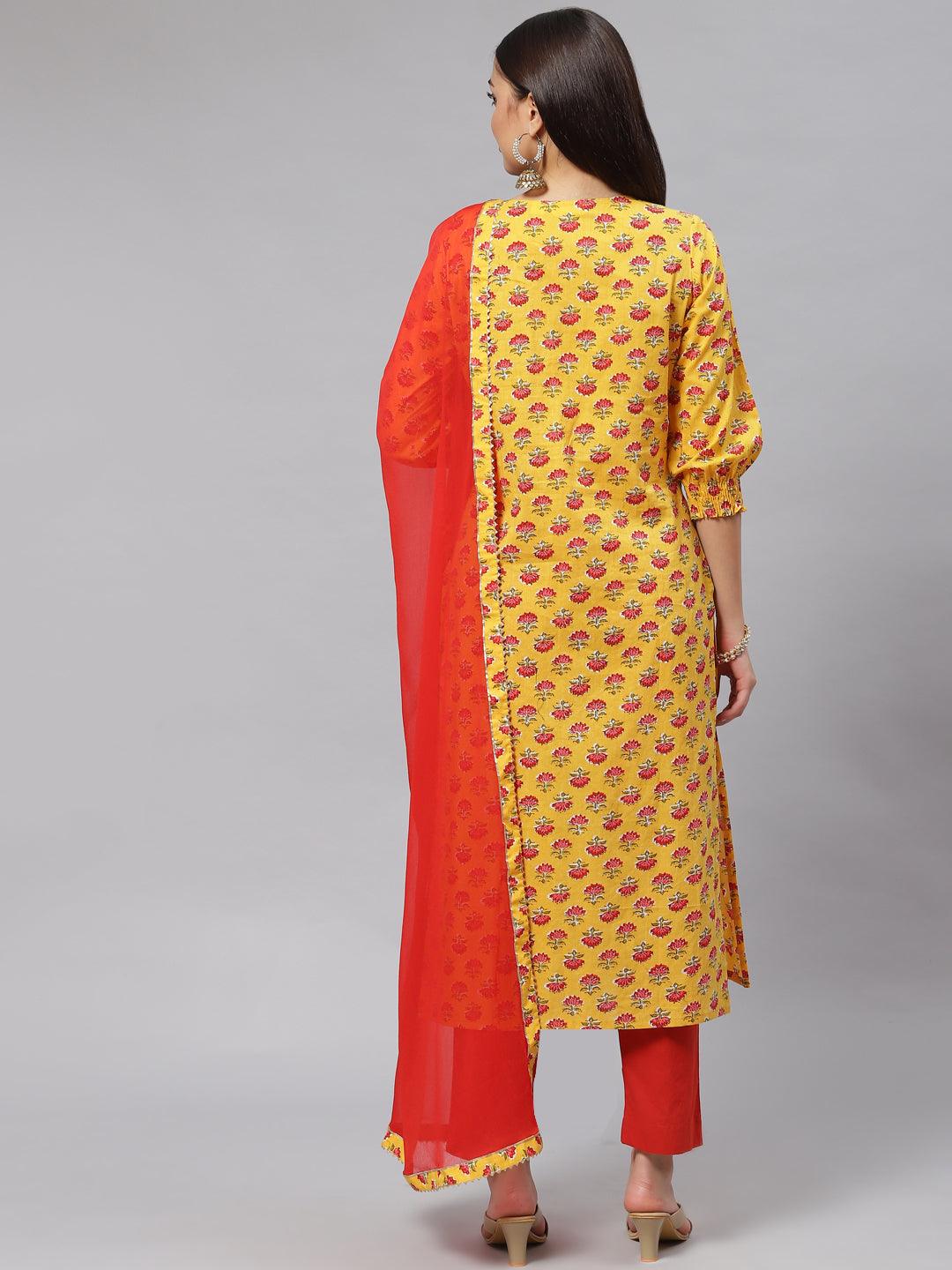 Jamal Jamaloo Yellow Floral Cotton Kurta Pant Set with Dupatta - Jamal Jamaloo