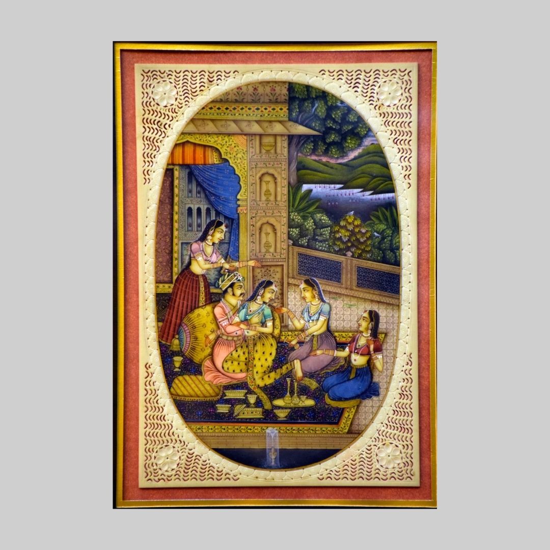 Shah Jahan and Mumtaz Handmade Miniature Painting in  Water Color Resin Tile 75