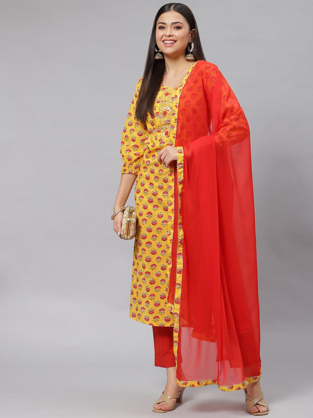 Jamal Jamaloo Yellow Floral Cotton Kurta Pant Set with Dupatta - Jamal Jamaloo