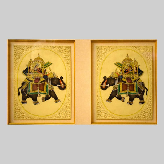 King and Queen on their royal elephants in Mughal miniature Painting- Set of Two 86