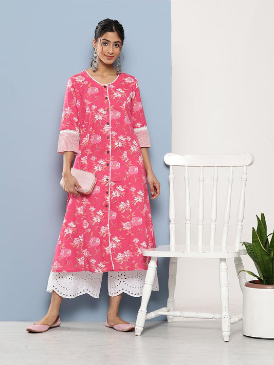 Jamal Jamaloo Pink Floral cotton flex A-Line Kurta - Jamal Jamaloo