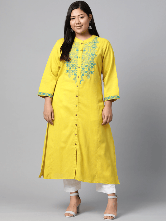 Plus Size Women's Yellow Regular A-Line Calf Long Kurta - Jamal Jamaloo
