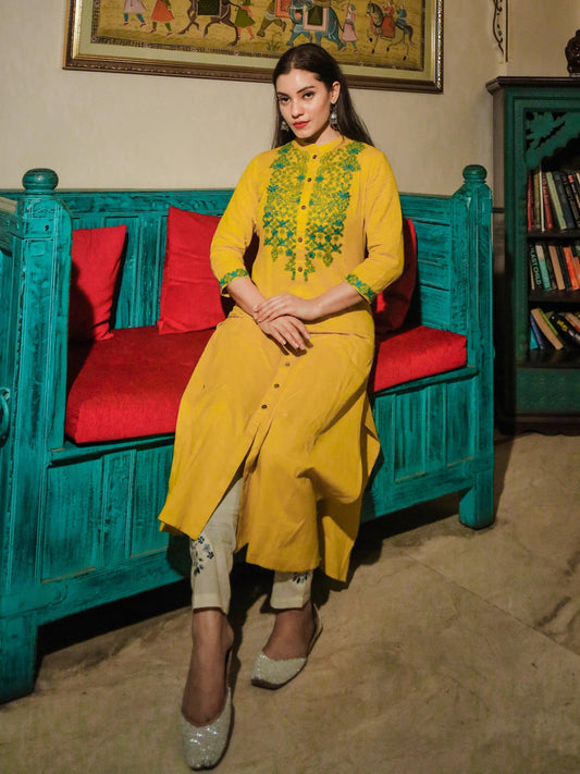 Jamal Jamaloo Women's Yellow Regular A-Line Calf Long Kurta - Jamal Jamalooworld.com