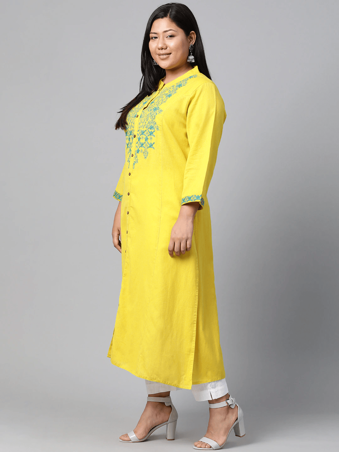 Plus Size Women's Yellow Regular A-Line Calf Long Kurta - Jamal Jamaloo
