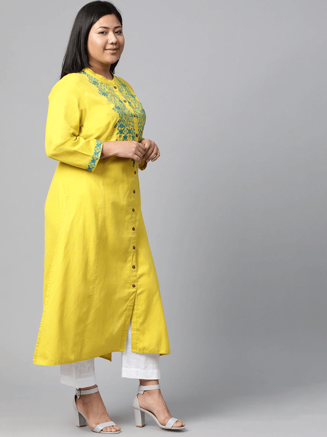 Plus Size Women's Yellow Regular A-Line Calf Long Kurta - Jamal Jamaloo