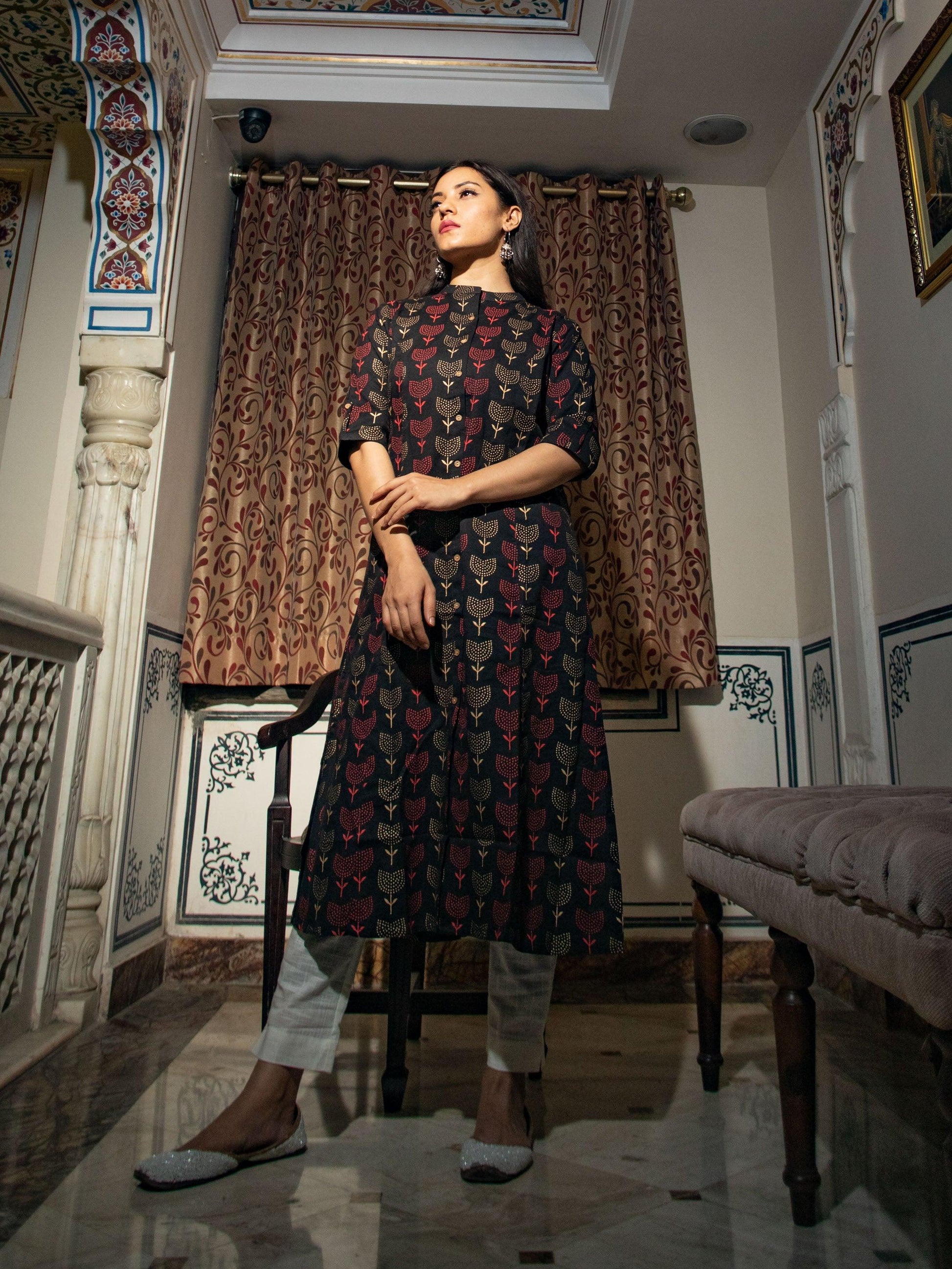 Jamal Jamaloo Black Cotton Flex A Line Kurta - Jamal Jamalooworld.com