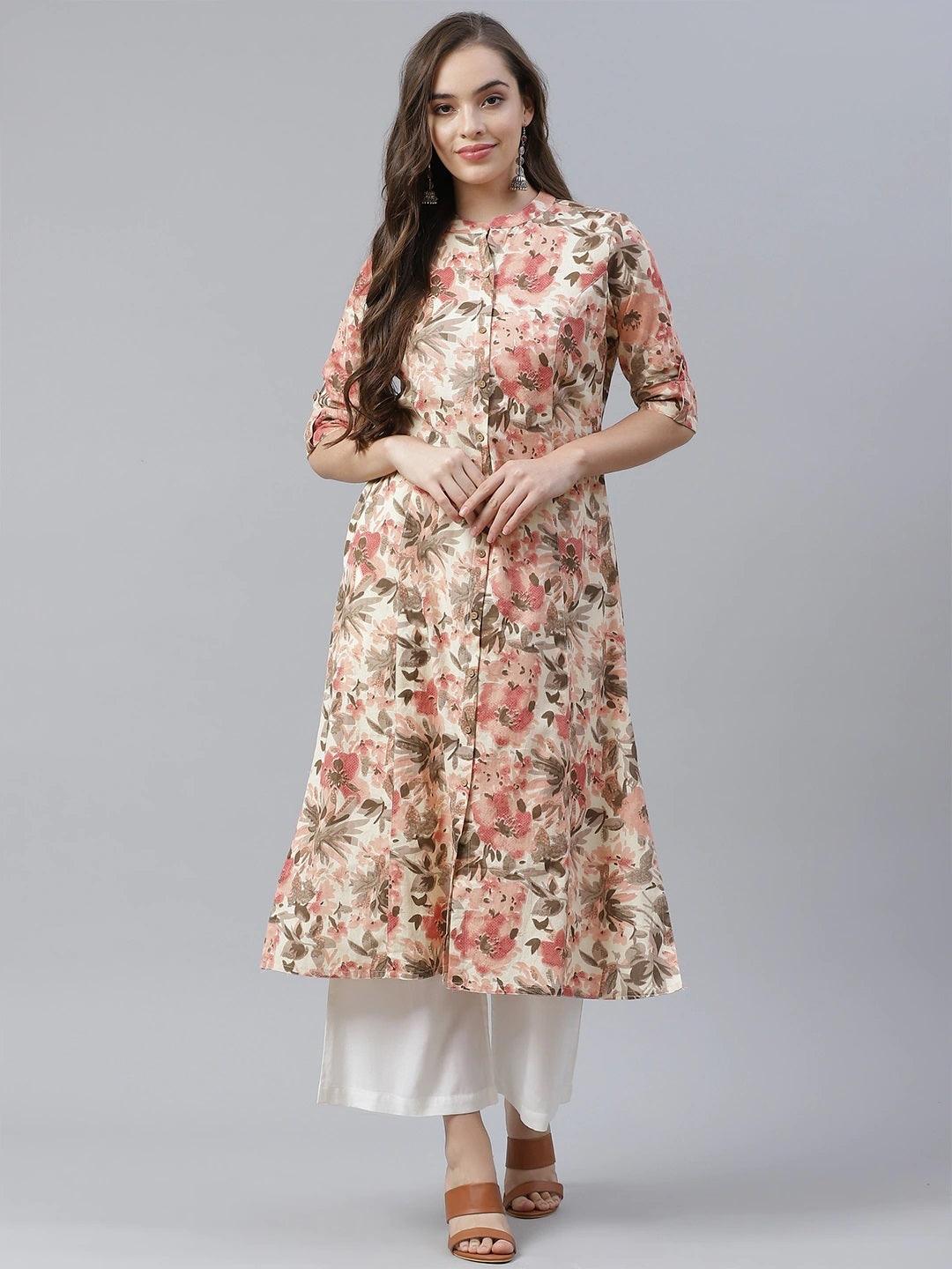 Jamal Jamaloo Cream Cotton Floral Print Kurta - Jamal Jamaloo