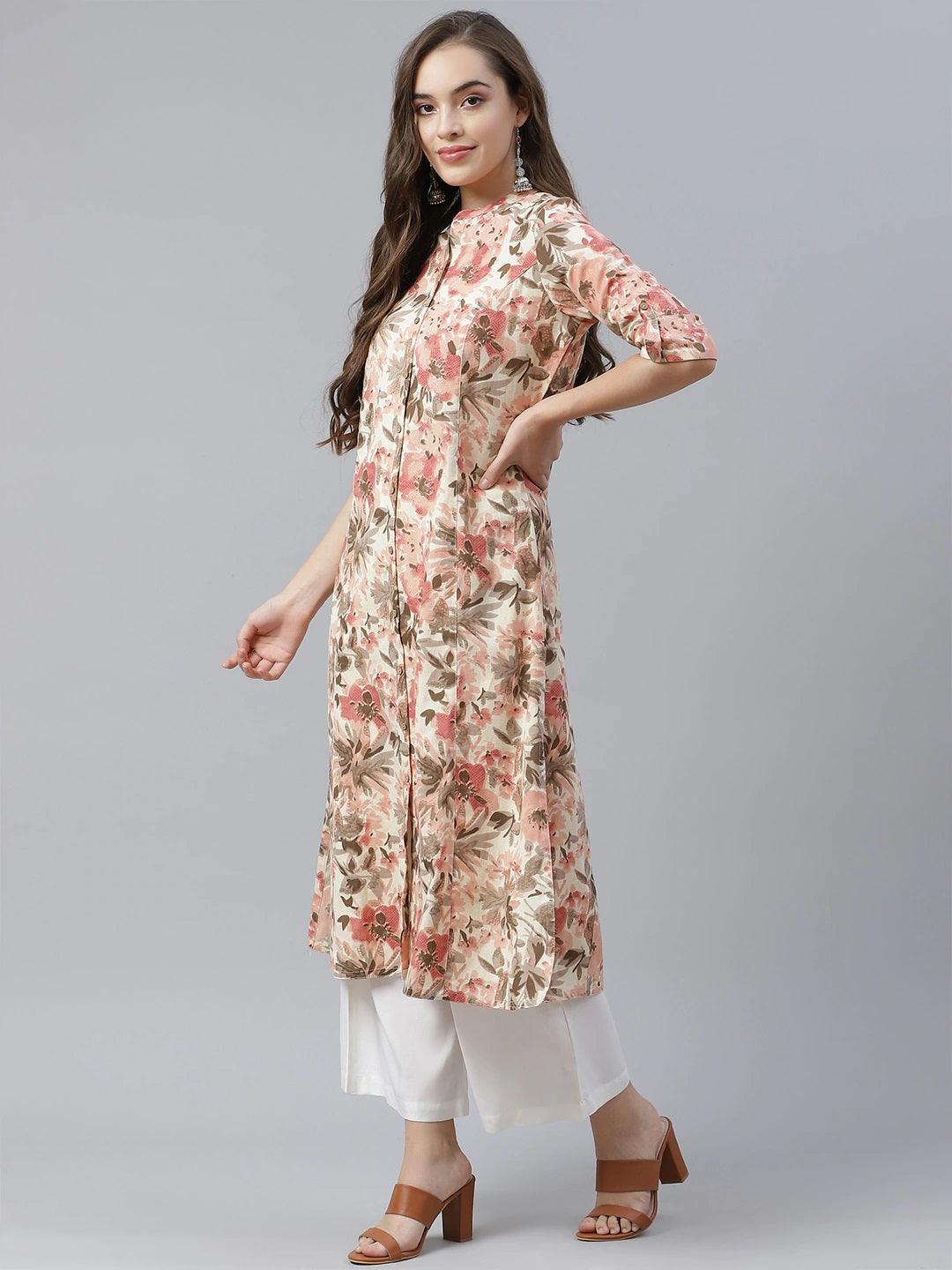 Jamal Jamaloo Cream Cotton Floral Print Kurta - Jamal Jamaloo
