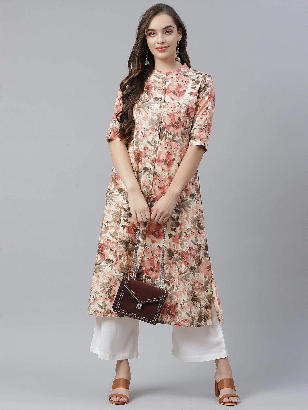 Jamal Jamaloo Cream Cotton Floral Print Kurta - Jamal Jamaloo