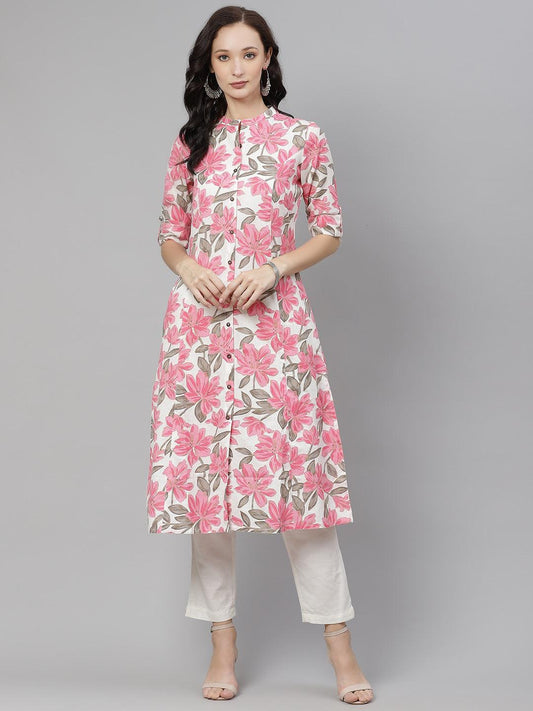 Jamal Jamaloo White Floral Print Cotton Kurta - Jamal Jamaloo