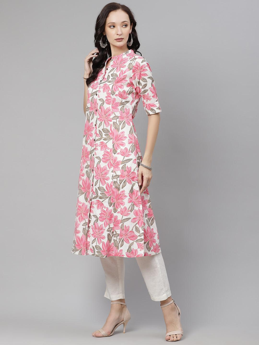 Jamal Jamaloo White Floral Print Cotton Kurta - Jamal Jamaloo