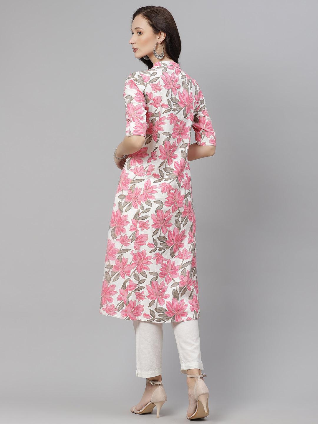 Jamal Jamaloo White Floral Print Cotton Kurta - Jamal Jamaloo