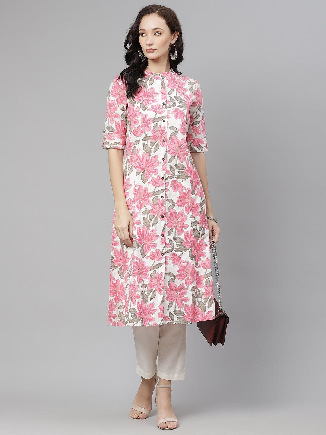 Jamal Jamaloo White Floral Print Cotton Kurta - Jamal Jamaloo