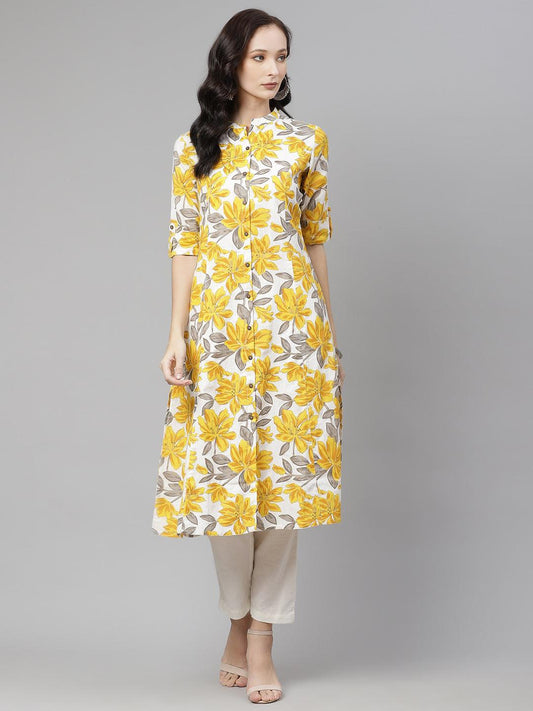 Jamal Jamaloo Yellow Floral Print Pure Cotton A-line Kurta - Jamal Jamaloo